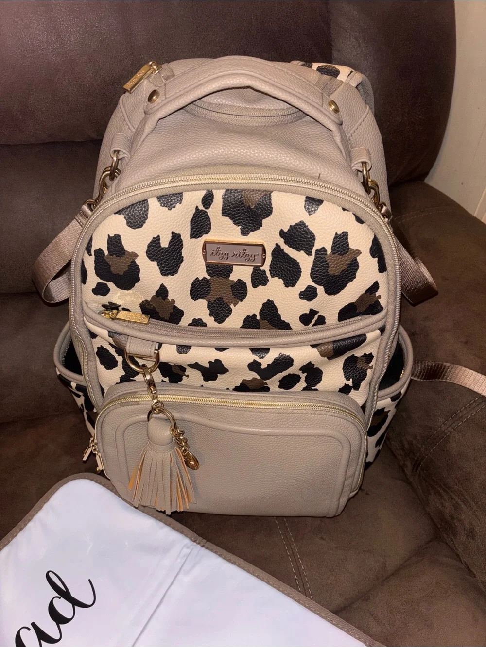 Stylish Leopard Print Beige Diaper Backpack